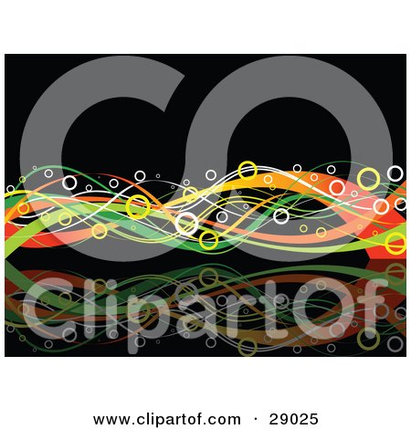 Clipart Illustration of Waves Of Green, Yellow And Orange Reflecting Over A Black Background, With White And Yellow Circles by KJ Pargeter