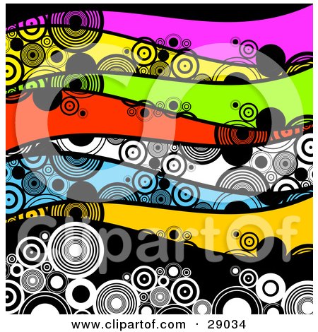 Clipart Illustration of a Background Of Waves Of Black And White Circles On Pink, Yellow, Green, Red, White, Blue And Black Waves by KJ Pargeter