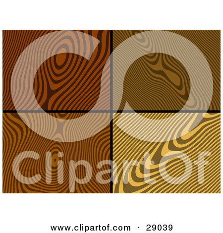 Clipart Illustration of a Set Of Four Dark, Medium And Light Toned Wood Grain Backgrounds by KJ Pargeter