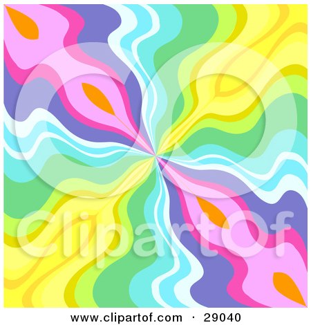 Clipart Illustration of a Background Of Pink, Purple, Blue, Green And Yellow Waves Spanning Out From The Center by KJ Pargeter