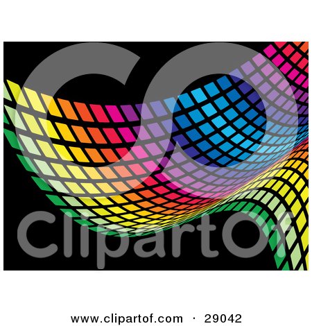 Clipart Illustration of a Colorful Rainbow Wave Of Green, Yellow, Orange, Pink, Purple, Red And Blue Squares On A Black Background by KJ Pargeter