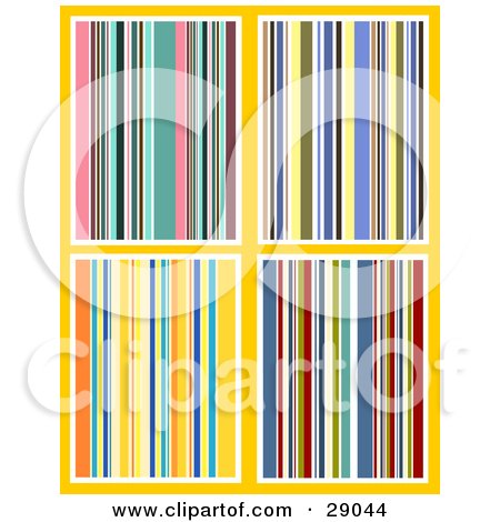 Clipart Illustration of a Set Of Four Colorful Striped Backgrounds Of Pinks, Blues, Yellows And Reds by KJ Pargeter