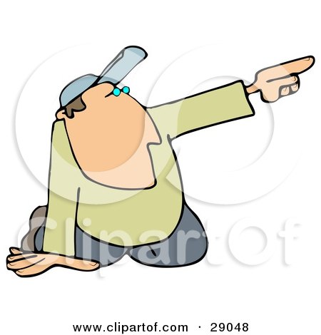 Clipart Illustration of a White Man In A Hat, Kneeling On The Ground And Pointing To The Right While Giving Someone Directions by djart