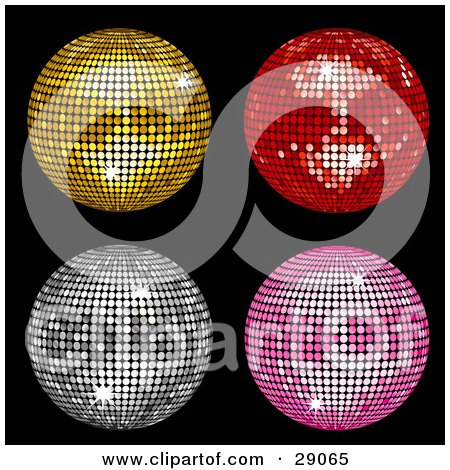 Clipart Illustration of Four Gold, Red, Silver And Pink Circular Mosaic Tiled Disco Balls On Black by elaineitalia