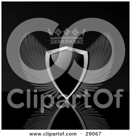 Clipart Illustration of a Winged Black Shield And Crown On A Reflective Black Background by elaineitalia