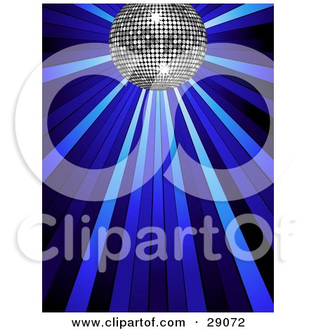 Clipart Illustration of a Sparkly Silver Disco Ball Shining In Spotlights On A Blue Background by elaineitalia
