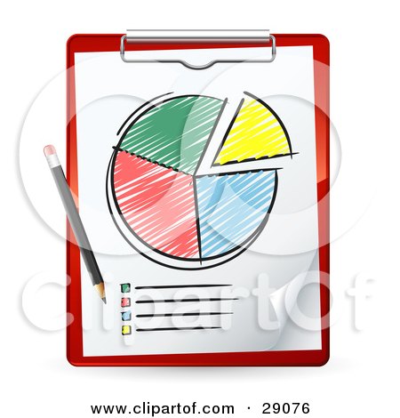 Clipart Illustration of a Pencil Resting On A Red Clipboard With A Colored In Pie Chart And A List by beboy