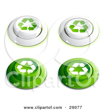 Clipart Illustration of a Set Of White And Green Buttons With Recycle Arrows On Them, Includes Depressed Buttons by beboy