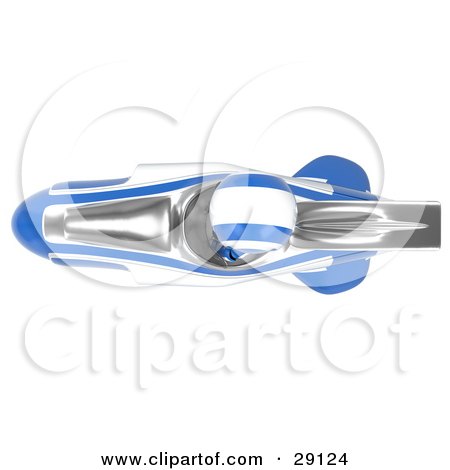 Clipart Illustration of a Chrome And Blue Ao-Maru Robot Waving While Speeding Past In A Hovering Rocket by Leo Blanchette