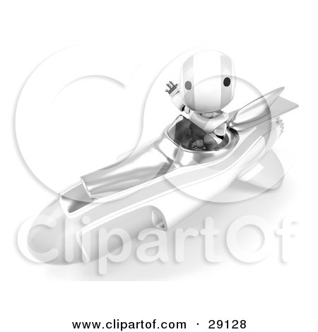 Clipart Illustration of a Chrome And White AO-Maru Robot Waving While Speeding Past In A Hovering Rocket by Leo Blanchette