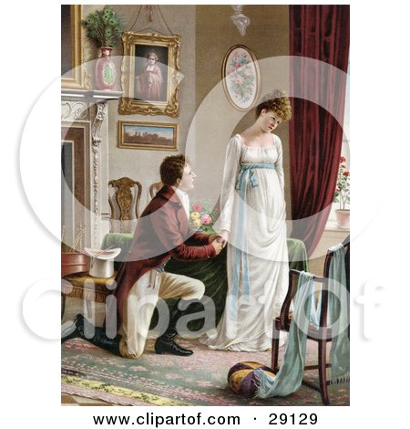 Clipart Picture of a Vintage Victorian Scene Of A Young Man On Bended Knee, Proposing To A Lovely But Pouty Young Lady In A Home Interior, Circa 1830 by OldPixels