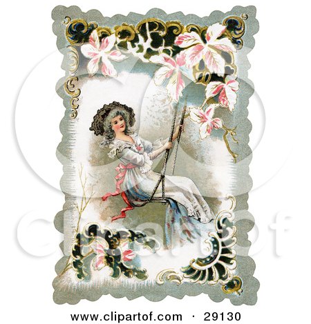 Clipart Picture of a Vintage Victorian Lady Smiling While Swinging On A Swing, Bordered By Scalloped Designs, Circa 1880 by OldPixels