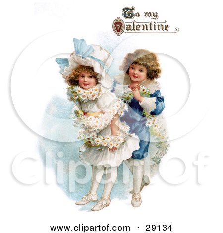 Clipart Picture of a Vintage Valentine Of A Boy Wrapping His Girlfriend In A White Daisy Flower Garland With "To My Valentine" Text, Circa 1890 by OldPixels