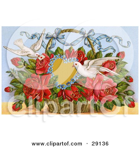 Clipart Picture of a Vintage Valentine Of Two Doves Delivering A Basket Of Red Roses With A Blank Forget Me Not Heart And A Little Message, Circa 1909 by OldPixels