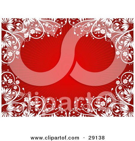 Clipart Illustration of a Bursting Red Background Bordered By Beautiful White Leaves, Vines And Flowers by KJ Pargeter