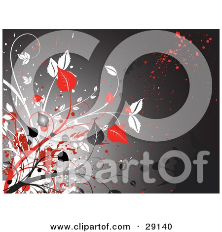 Clipart Illustration of Red, White And Gray Leafy Plants Along The Left Edge Of A Gray Grunge Background With Red And Black Splatters by KJ Pargeter