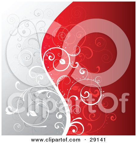 Clipart Illustration of a Floral Background Of Gray And Red Divided By A Silhouetted White Vine With Curling Leaves by KJ Pargeter