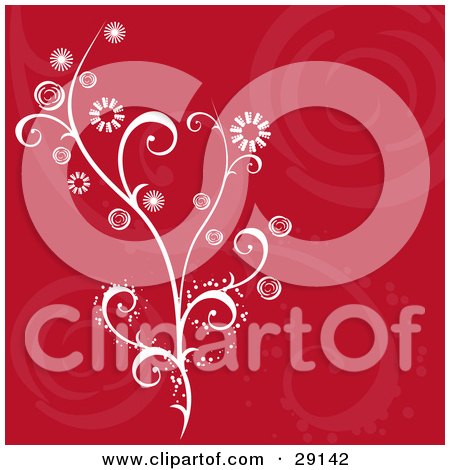 Clipart Illustration of a White Flowering Plant Over A Red Background With Faint Floral And Swirl Designs by KJ Pargeter