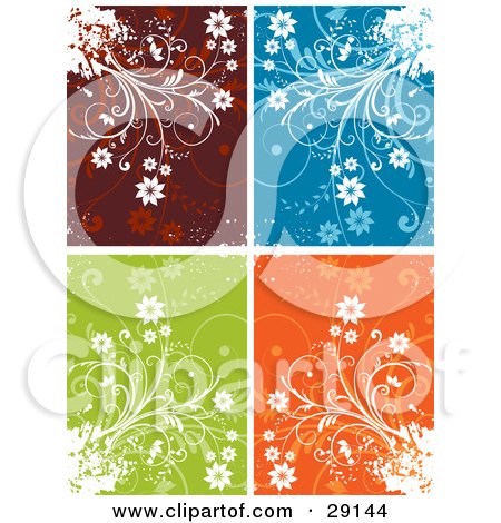 Clipart Illustration of a Set Of White Flowering Plant Flourishes On Grunge On Red, Blue, Green And Orange Backgrounds by KJ Pargeter