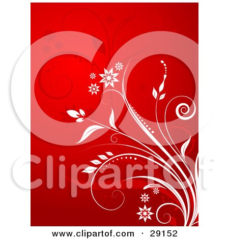 Clipart Illustration of a White Plant With Flowers Over A Red Background With Faint Plants by KJ Pargeter