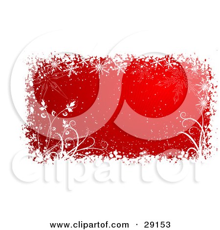Clipart Illustration of a Red Background With Rays Of Light, Bordered By White Snow, Snowflakes And Plants by KJ Pargeter