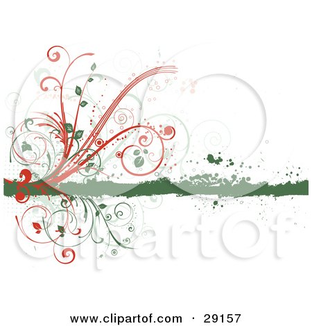 Clipart Illustration of Orange And Green Flourishes On A Green Grunge Line On A White Background by KJ Pargeter