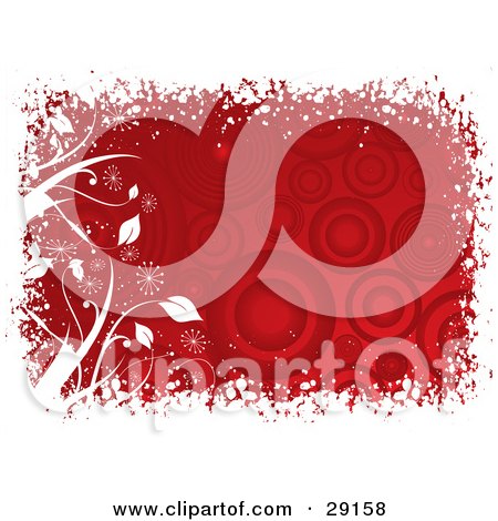 Clipart Illustration of a Red Circle Patterned Background Bordered By White Plants And Grunge by KJ Pargeter