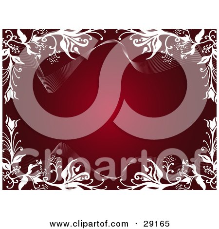 Clipart Illustration of a Deep Red Background Bordered By White Waves And Vines by KJ Pargeter