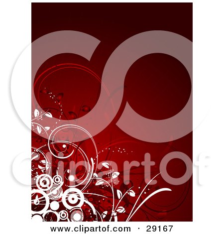 Clipart Illustration of a Cluster Of White Circles And Red Plants In The Lower Corner Of A Deep Red Background by KJ Pargeter