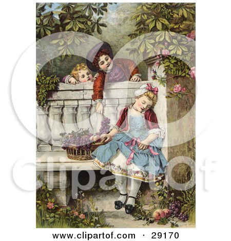 Clipart Picture of a Vintage Victorian Scene Of Little Boys Flirting And Teasing A Little Girl Asleep On A Garden Bench With A Basket Of Fruit, Circa 1850 by OldPixels