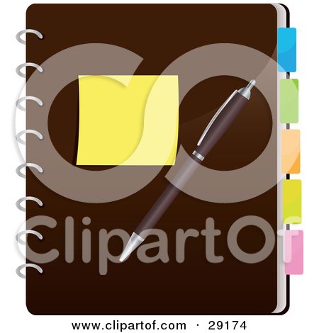 Clipart Illustration of a Yellow Sticky Note And A Pen Resting On A Closed Brown Spiral Notebook With Colorful Divider Tabs by Melisende Vector