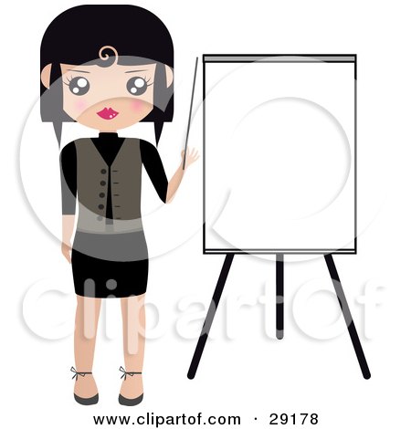 Clipart Illustration of a Black Haired Woman Pointing To A Blank Easel Board During A Presentation by Melisende Vector