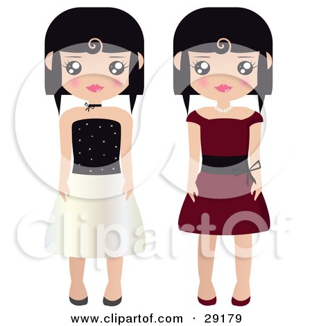 Clipart Illustration of Two Black Haired Female Paper Dolls In Black And White And Red Formal Dresses And Gowns by Melisende Vector