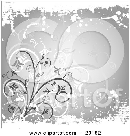 Clipart Illustration of White, Faint And Gray Plants On A Gray Background With White Grunge Along The Top And Bottom by KJ Pargeter