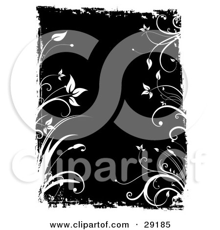 Clipart Illustration of a Black Background Bordered By White Grunge And Plants by KJ Pargeter