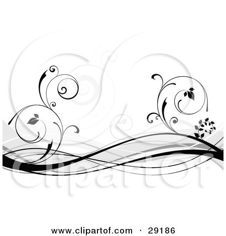 Clipart Illustration of Black And Gray Waves And Curling Vines Over A White Background by KJ Pargeter