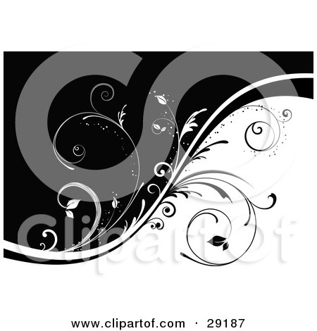 Clipart Illustration of a Background Of Black And White Divided By Black And White Vines With Curly Stems by KJ Pargeter