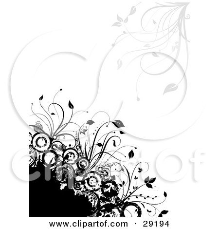 Clipart Illustration of a Cluster Of Black Grunge, Circles And Plants On A White Background With Grasses In The Upper Corner by KJ Pargeter