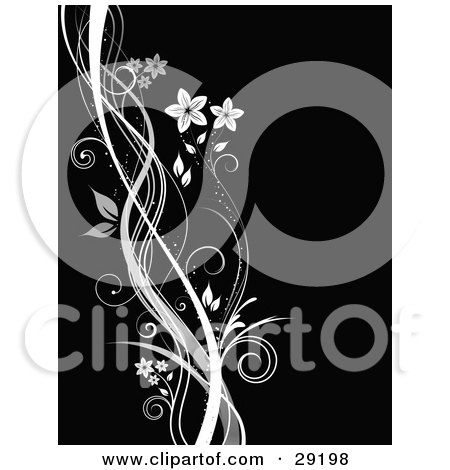 Clipart Illustration of Sparkly Waves Of Gray And White With Vines And Flowers On A Black Background by KJ Pargeter
