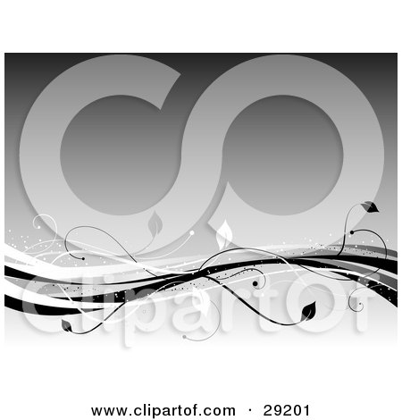 Clipart Illustration of Waves Of Black And White With Leaves Along The Bottom Of A Gray Background by KJ Pargeter