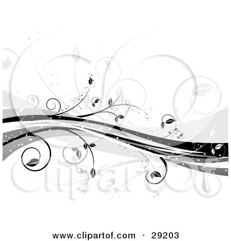 Clipart Illustration of a Floral Background Of Gray, Black And Faint Blue Vines And Waves Over White by KJ Pargeter