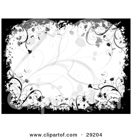 Clipart Illustration of a White Background With Faint Plants, Bordered By Black Grunge And Flowers by KJ Pargeter