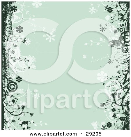 Clipart Illustration of Dark Green Grunge And Flowers Over A Green Background With Faded Circles And Flowers by KJ Pargeter