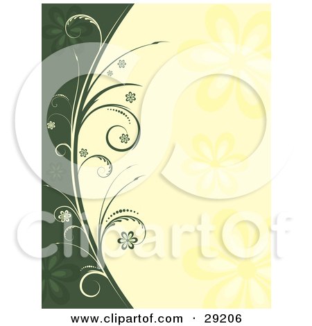 Clipart Illustration of a Flowering Vine With Curling Leaves Dividing A Background Of Green And Yellow by KJ Pargeter