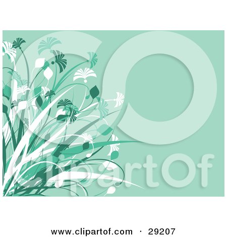 Clipart Illustration of Tall Green And White Grasses Over A Pale Green Background by KJ Pargeter