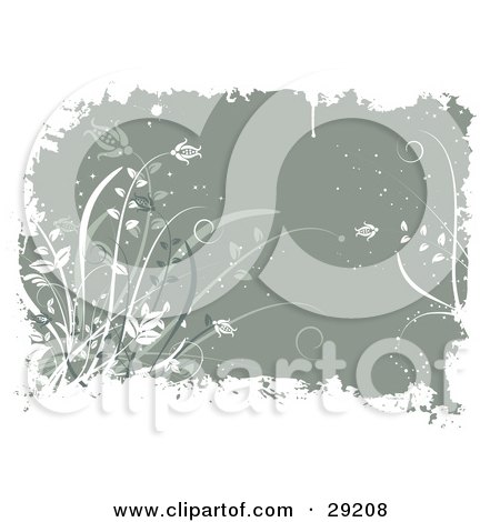 Clipart Illustration of a Grayish Green Background Bordered By White Grunge And Grasses by KJ Pargeter