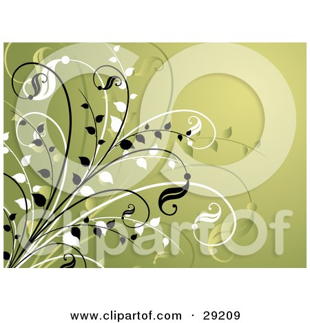 Clipart Illustration of a Greenish Yellow Background With Black White And Faded Plants by KJ Pargeter