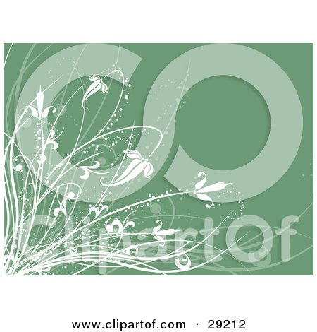 Clipart Illustration of White Grasses And Leaves Over A Green Background, With Sparkles by KJ Pargeter