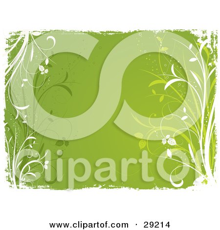Clipart Illustration of a Green Background Bordered By Green And White Grasses And White Grunge by KJ Pargeter
