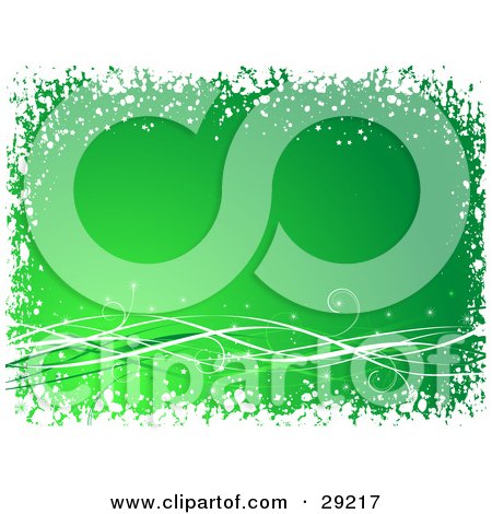 Clipart Illustration of Sparkles Over Green And White Curly Waves On A Green Background Bordered By White Snowy Grunge by KJ Pargeter